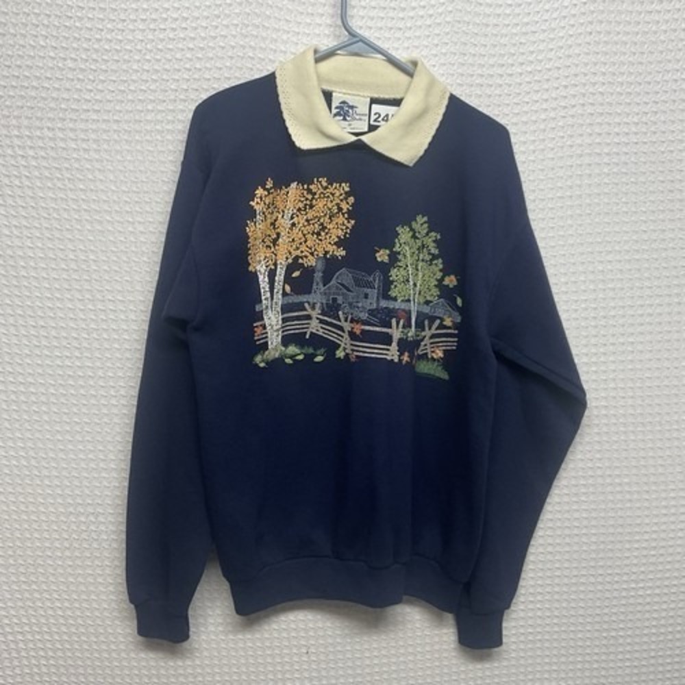 VTG Pleasant Shade Blue Ranch Granny Core Polo Sweatshirt Sweater Women M USA